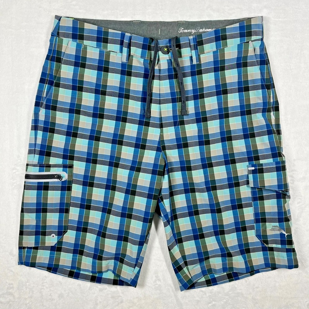 Tommy Bahama Island Zone Performance Golf Cargo Shorts Men's 34 Plaid 10" *Flaws